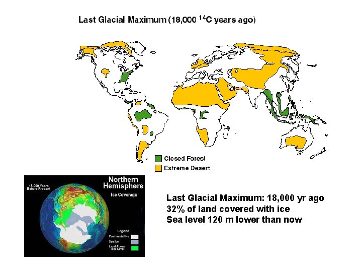 Last Glacial Maximum: 18, 000 yr ago 32% of land covered with ice Sea