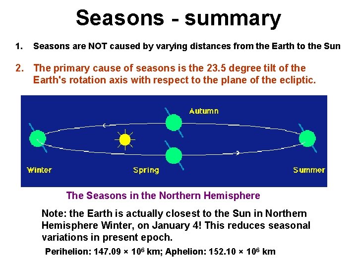 Seasons - summary 1. Seasons are NOT caused by varying distances from the Earth