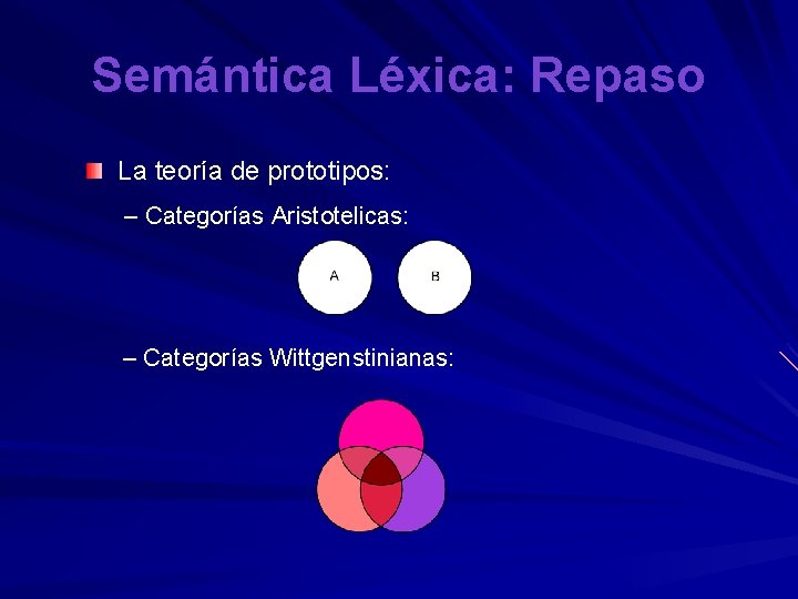 Semántica Léxica: Repaso La teoría de prototipos: – Categorías Aristotelicas: – Categorías Wittgenstinianas: 