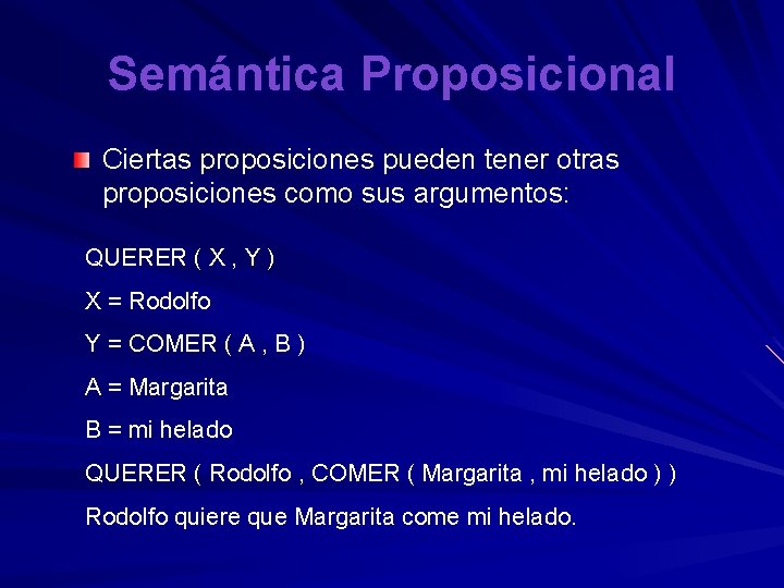 Semántica Proposicional Ciertas proposiciones pueden tener otras proposiciones como sus argumentos: QUERER ( X