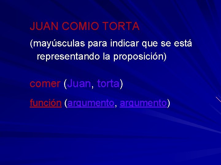 JUAN COMIO TORTA (mayúsculas para indicar que se está representando la proposición) comer (Juan,