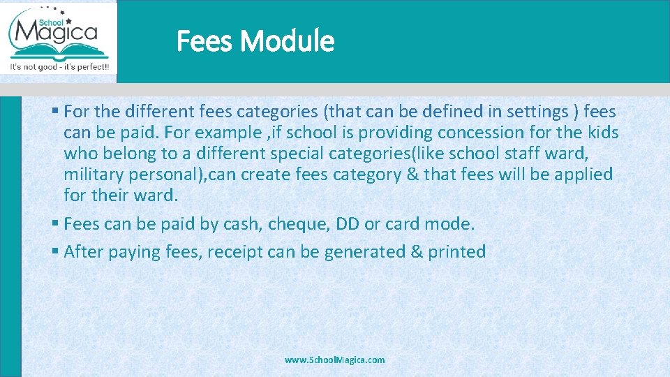 Fees Module § For the different fees categories (that can be defined in settings