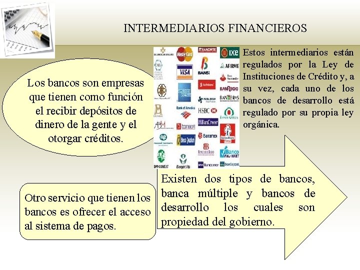 INTERMEDIARIOS FINANCIEROS Los bancos son empresas que tienen como función el recibir depósitos de