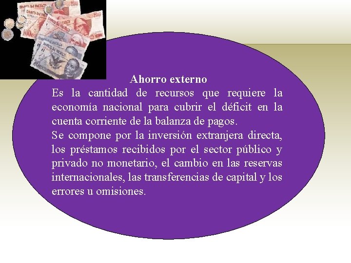 Ahorro externo Es la cantidad de recursos que requiere la economía nacional para cubrir