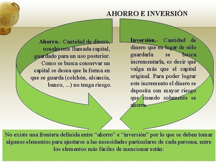 AHORRO E INVERSIÓN Ahorro. - Cantidad de dinero, usualmente llamada capital, guardado para un