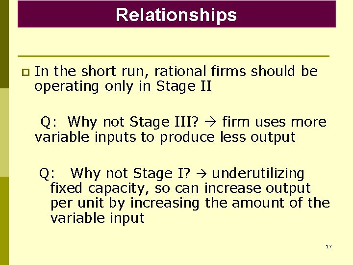 Relationships p In the short run, rational firms should be operating only in Stage