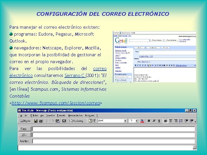 CONFIGURACIÓN DEL CORREO ELECTRÓNICO Para manejar el correo electrónico existen: programas: Eudora, Pegasus, Microsoft