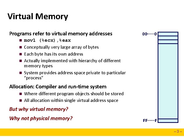 Virtual Memory Programs refer to virtual memory addresses n n n 00∙∙∙∙∙∙ 0 movl