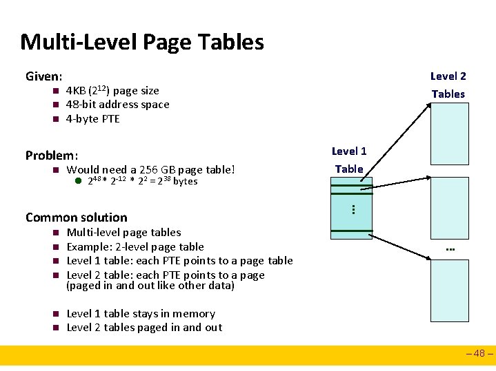 Multi-Level Page Tables Given: n n n 4 KB (212) page size 48 -bit