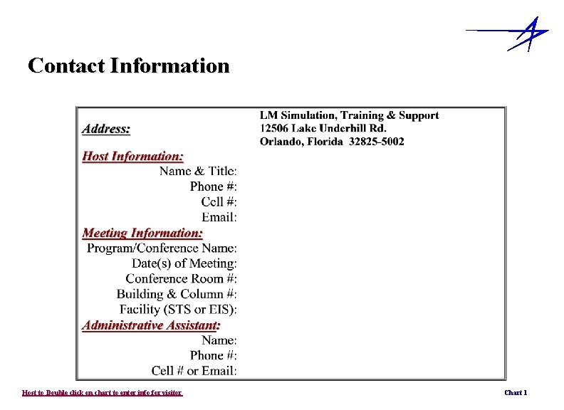 Contact Information Host to Double click on chart to enter info for visitor Chart