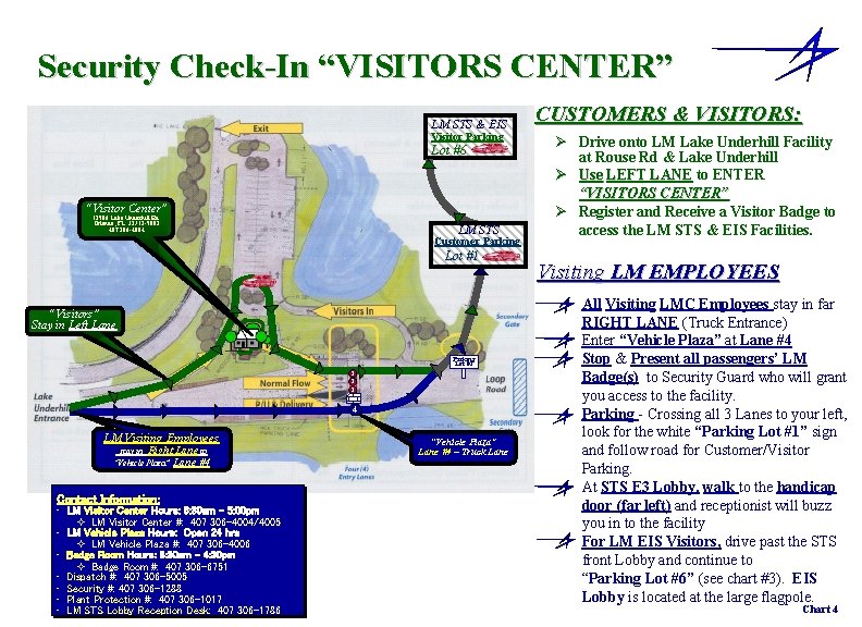 Security Check-In “VISITORS CENTER” LM STS & EIS Visitor Parking Lot #6 “Visitor Center”