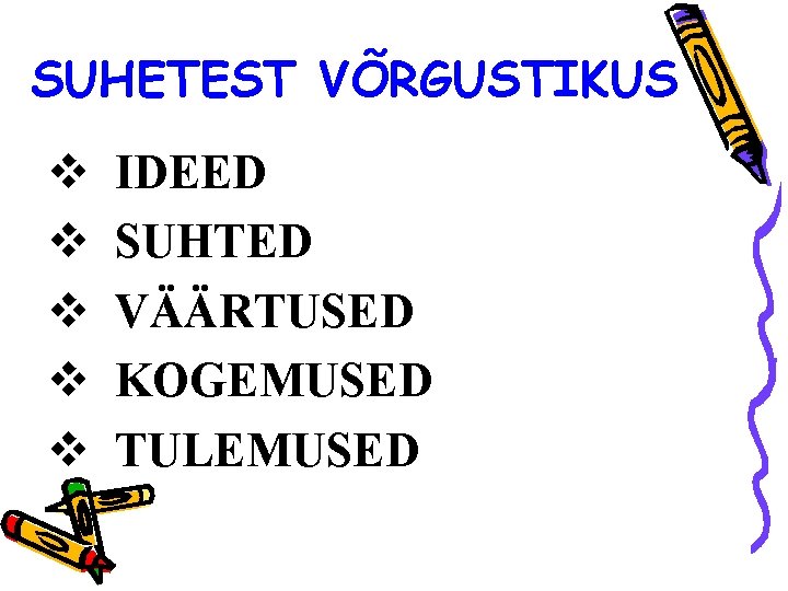 SUHETEST VÕRGUSTIKUS v v v IDEED SUHTED VÄÄRTUSED KOGEMUSED TULEMUSED 