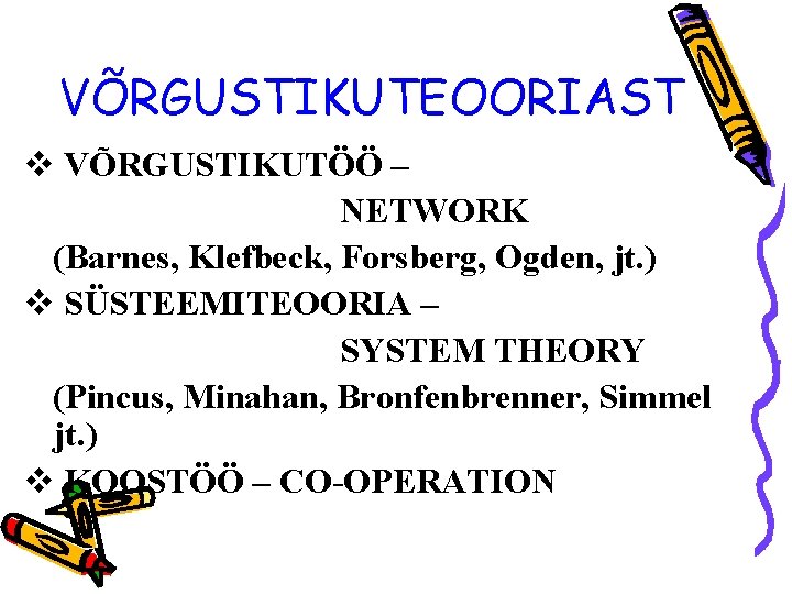 VÕRGUSTIKUTEOORIAST v VÕRGUSTIKUTÖÖ – NETWORK (Barnes, Klefbeck, Forsberg, Ogden, jt. ) v SÜSTEEMITEOORIA –