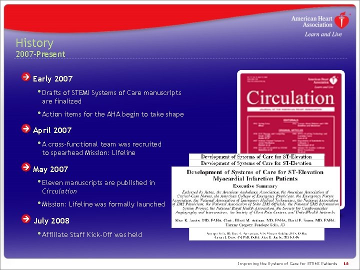 History 2007 -Present Early 2007 • Drafts of STEMI Systems of Care manuscripts are History 2007 -Present Early 2007 • Drafts of STEMI Systems of Care manuscripts are