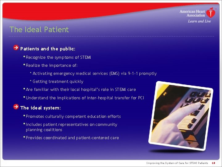 The Ideal Patients and the public: • Recognize the symptoms of STEMI • Realize The Ideal Patients and the public: • Recognize the symptoms of STEMI • Realize