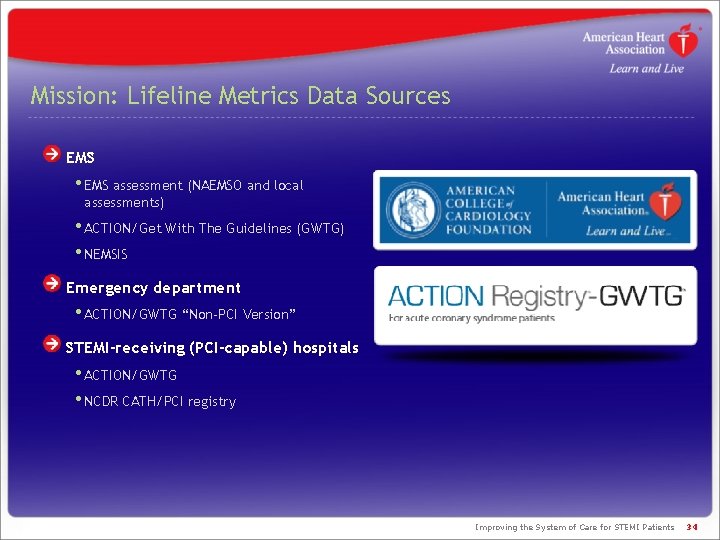 Mission: Lifeline Metrics Data Sources EMS • EMS assessment (NAEMSO and local assessments) • Mission: Lifeline Metrics Data Sources EMS • EMS assessment (NAEMSO and local assessments) •