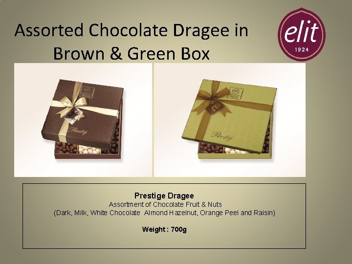 Assorted Chocolate Dragee in Brown & Green Box Prestige Dragee Assortment of Chocolate Fruit