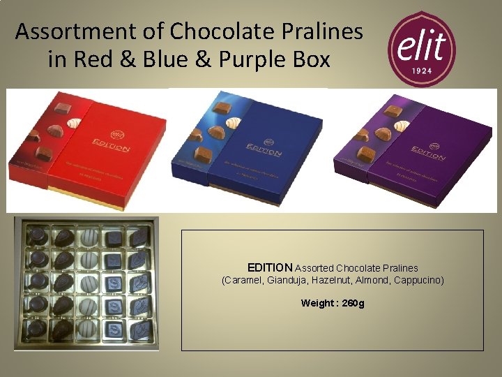 Assortment of Chocolate Pralines in Red & Blue & Purple Box EDITION Assorted Chocolate