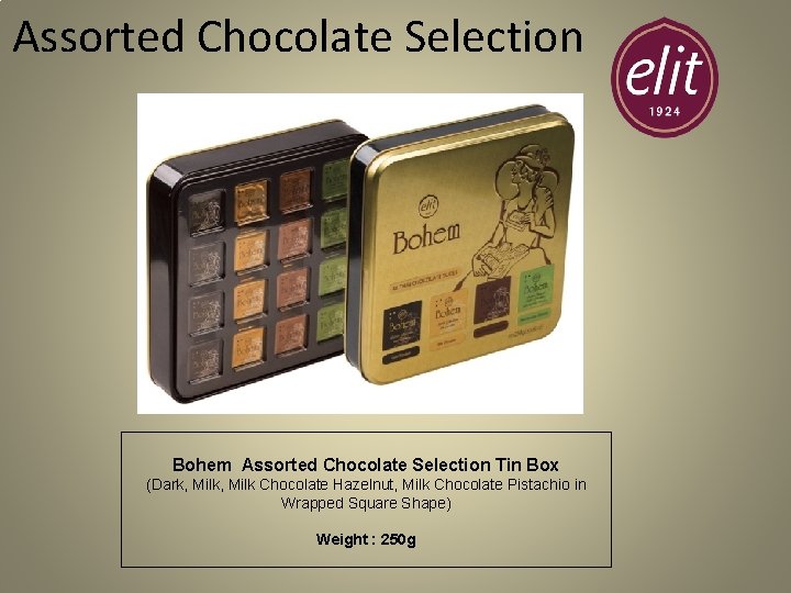 Assorted Chocolate Selection Bohem Assorted Chocolate Selection Tin Box (Dark, Milk Chocolate Hazelnut, Milk