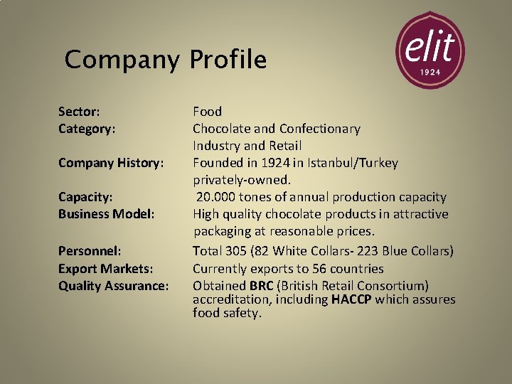 Company Profile Food Chocolate and Confectionary Industry and Retail Company History: Founded in 1924