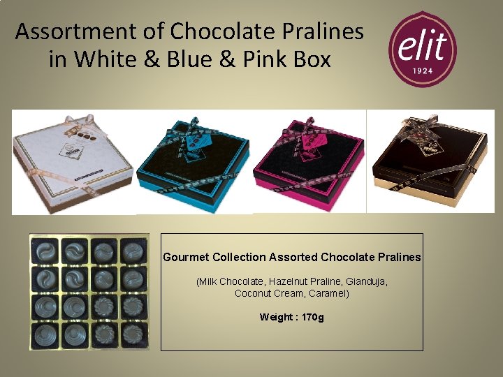 Assortment of Chocolate Pralines in White & Blue & Pink Box Gourmet Collection Assorted
