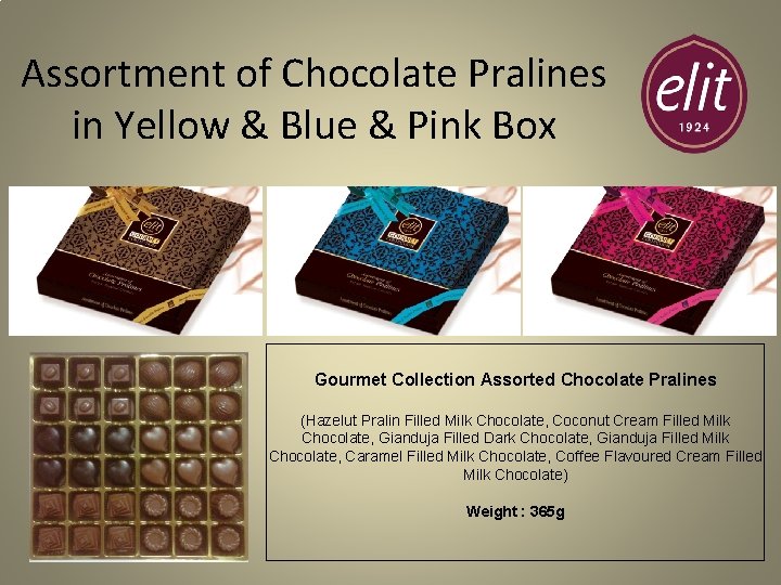 Assortment of Chocolate Pralines in Yellow & Blue & Pink Box Gourmet Collection Assorted