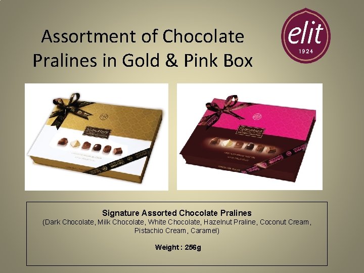 Assortment of Chocolate Pralines in Gold & Pink Box Signature Assorted Chocolate Pralines (Dark
