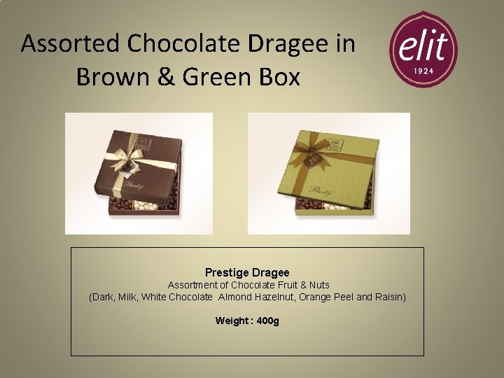 Assorted Chocolate Dragee in Brown & Green Box Prestige Dragee Assortment of Chocolate Fruit