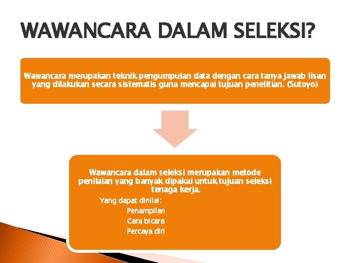 WAWANCARA DALAM SELEKSI? Wawancara merupakan teknik pengumpulan data dengan cara tanya jawab lisan yang