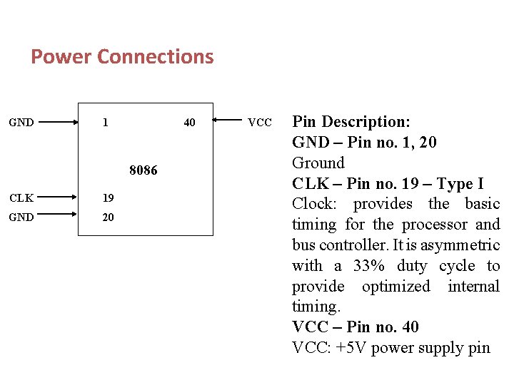 Power Connections GND 1 40 8086 CLK 19 GND 20 VCC Pin Description: GND