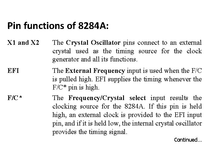 Pin functions of 8284 A: X 1 and X 2 The Crystal Oscillator pins