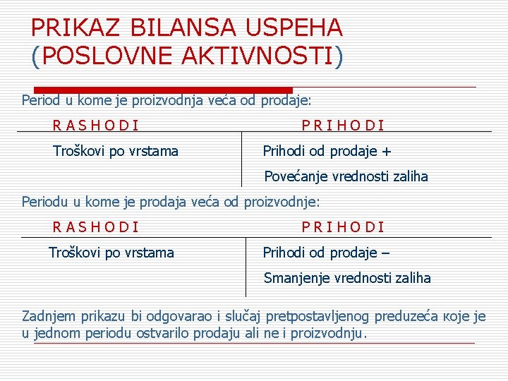 PRIKAZ BILANSA USPEHA (POSLOVNE AKTIVNOSTI) Period u komе је proizvodnja većа оd prodaje: RASHODI