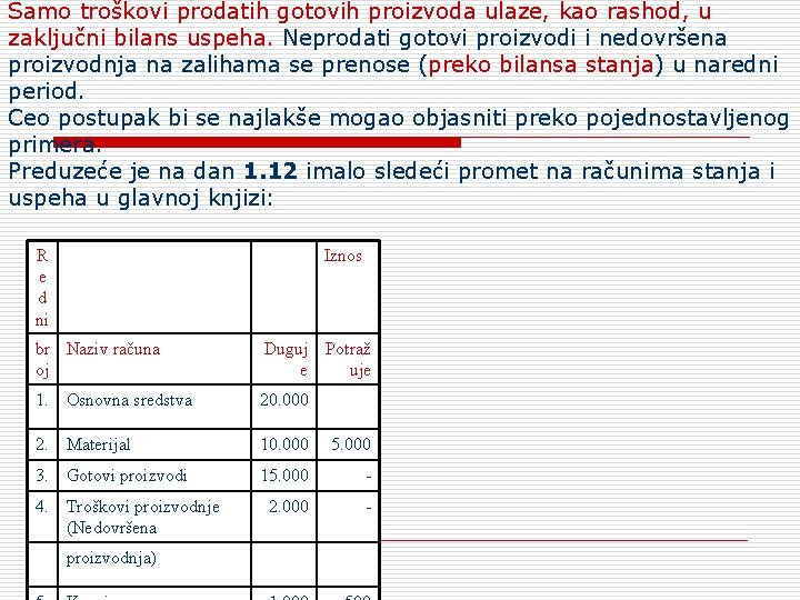 Samo troškovi prodatih gotovih proizvoda ulaze, kao rashod, u zaključni bilans uspeha. Neprodati gotovi