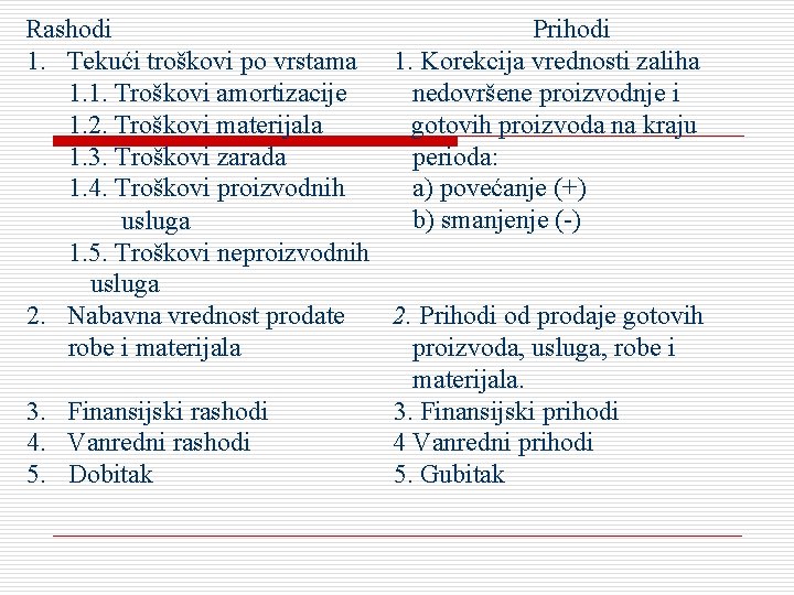 Rashodi Prihodi 1. Tekući troškovi po vrstama 1. Korekcija vrednosti zaliha 1. 1. Troškovi