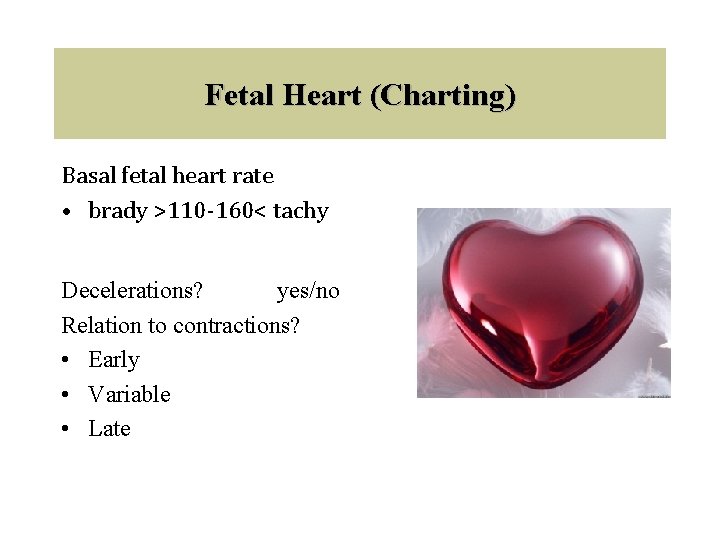 Fetal Heart (Charting) Basal fetal heart rate • brady >110 -160< tachy Decelerations? yes/no