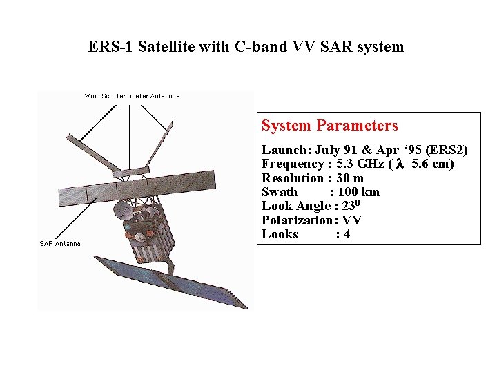 ERS-1 Satellite with C-band VV SAR system System Parameters Launch: July 91 & Apr