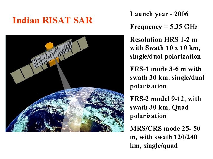 Indian RISAT SAR Launch year - 2006 Frequency = 5. 35 GHz Resolution HRS