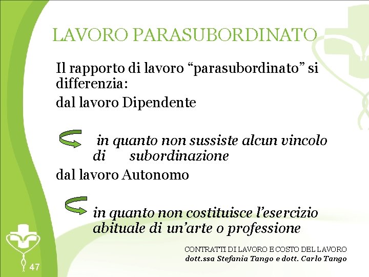 LAVORO PARASUBORDINATO Il rapporto di lavoro “parasubordinato” si differenzia: dal lavoro Dipendente Ma. LL’ester