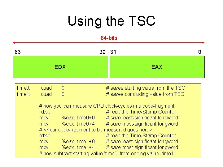 Using the TSC 64 -bits 63 32 31 EDX time 0: time 1: .