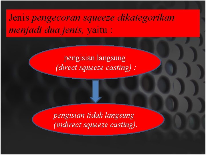 Jenis pengecoran squeeze dikategorikan menjadi dua jenis, yaitu : pengisian langsung (direct squeeze casting) Jenis pengecoran squeeze dikategorikan menjadi dua jenis, yaitu : pengisian langsung (direct squeeze casting)