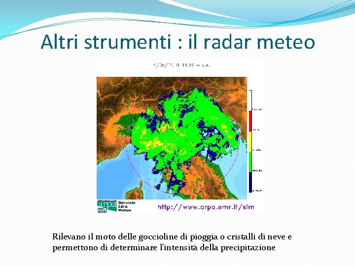 Altri strumenti : il radar meteo Rilevano il moto delle goccioline di pioggia o