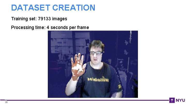 DATASET CREATION Training set: 79133 images Processing time: 4 seconds per frame 20 