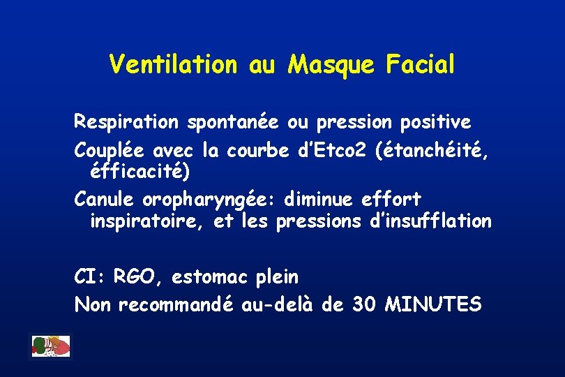 Ventilation au Masque Facial Respiration spontanée ou pression positive Couplée avec la courbe d’Etco