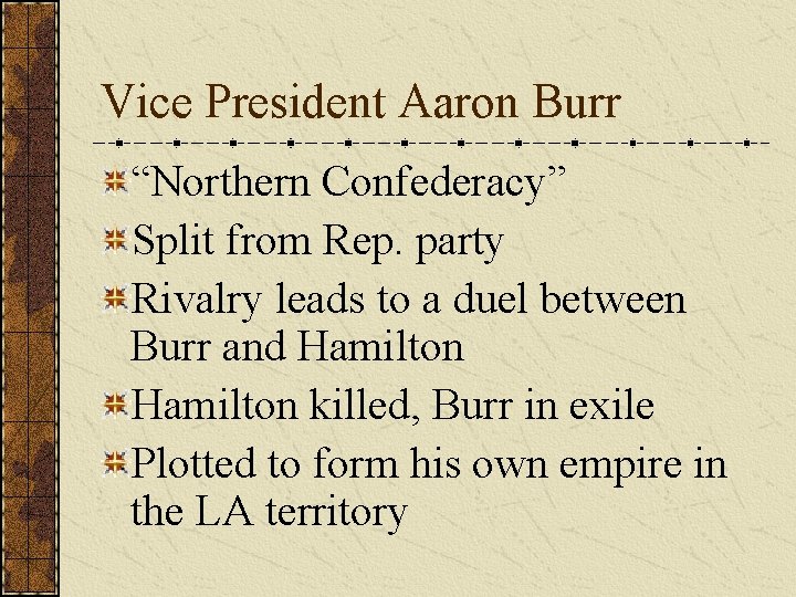Vice President Aaron Burr “Northern Confederacy” Split from Rep. party Rivalry leads to a