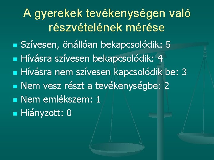 A gyerekek tevékenységen való részvételének mérése n n n Szívesen, önállóan bekapcsolódik: 5 Hívásra