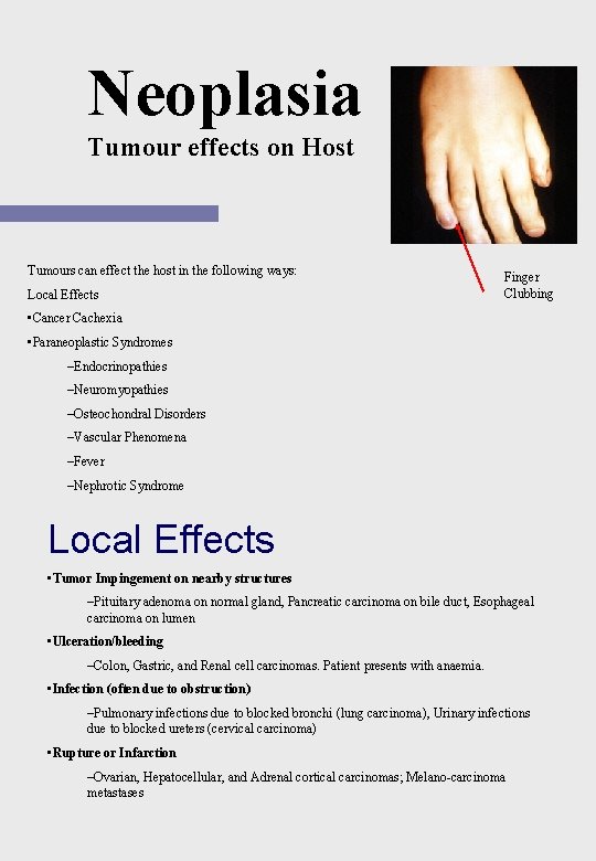 Neoplasia Tumour effects on Host Tumours can effect the host in the following ways: