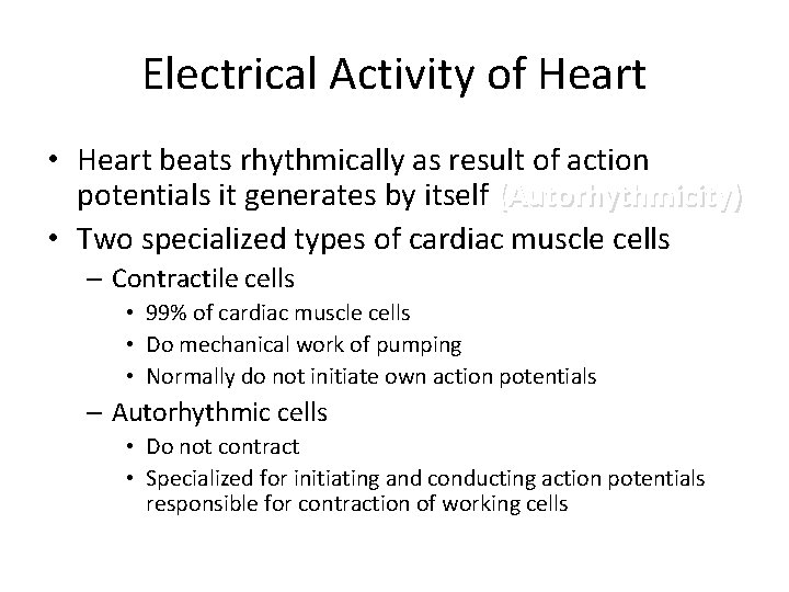 Electrical Activity of Heart • Heart beats rhythmically as result of action potentials it Electrical Activity of Heart • Heart beats rhythmically as result of action potentials it