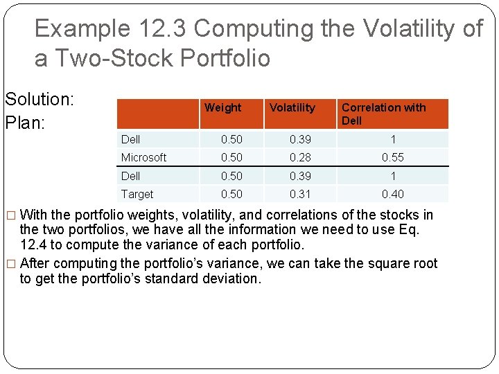 Example 12. 3 Computing the Volatility of a Two-Stock Portfolio Solution: Plan: Weight Volatility