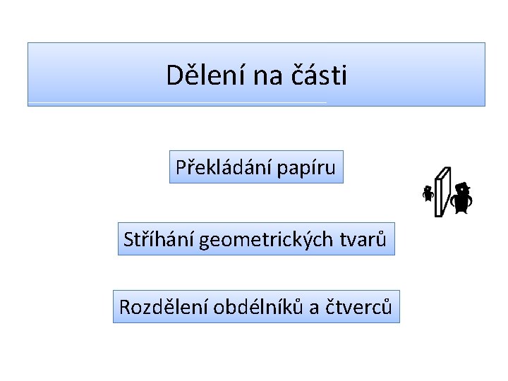 Dělení na části Překládání papíru Stříhání geometrických tvarů Rozdělení obdélníků a čtverců 