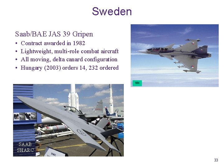 Sweden Saab/BAE JAS 39 Gripen • • Contract awarded in 1982 Lightweight, multi-role combat